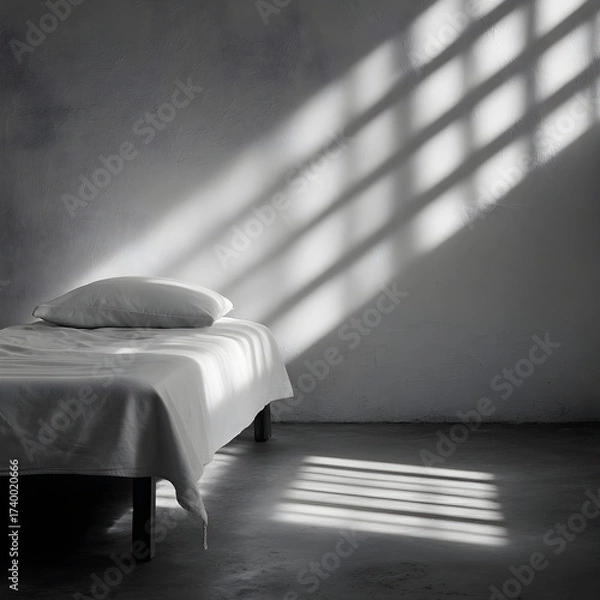 Fototapeta Minimalist bedroom with bed and sunlight casting shadows on wall  