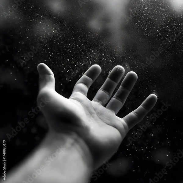 Fototapeta Outstretched hand reaching towards particles in dark background  