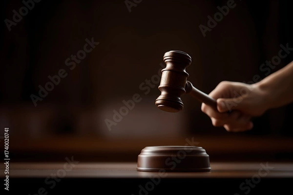 Fototapeta Judge's hand striking gavel on wooden block in courtroom setting  