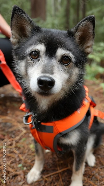 Fototapeta Rescue dog in vest with harness, while sitting in forest environment  