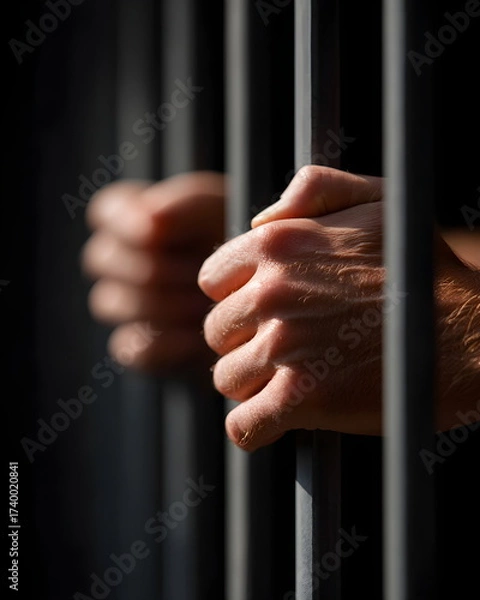 Fototapeta Hands gripping prison bars in a dimly lit environment  