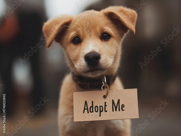 Fototapeta Cute puppy with "Adopt Me" tag looking for a loving home  