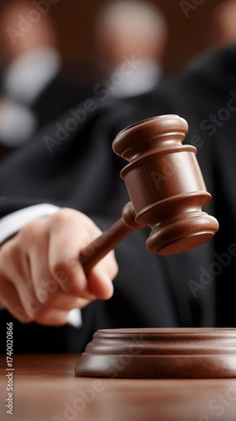 Fototapeta Judge striking gavel in courtroom during proceedings  