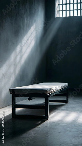 Fototapeta Empty prison cell with a bed under dim light from the window  