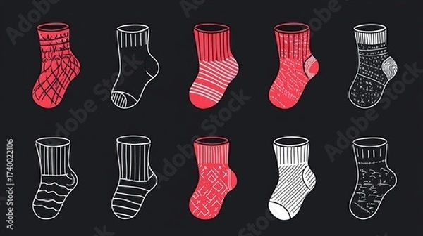 Fototapeta Linear socks icon set in black outline style, vector illustration.