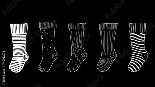 Fototapeta Linear socks icon set in black outline style, vector illustration.