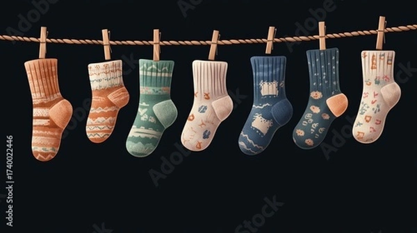 Fototapeta Vector set of socks drying on a clothesline, isolated illustration.