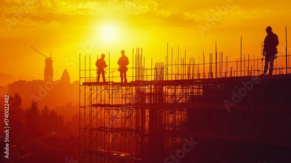 Fototapeta Construction workers on high-rise structure in Santiago during sunset