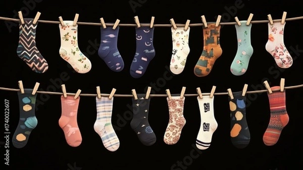 Fototapeta Vector set of socks drying on a clothesline, isolated illustration.