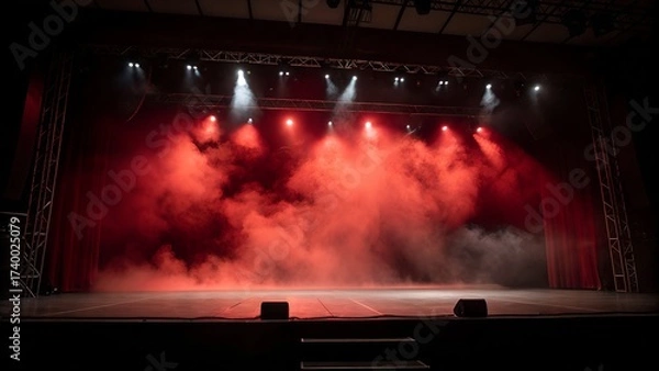 Fototapeta Dramatic dark stage with red fog. spotlights. Eerie spooky atmosphere. Perfect background concert.