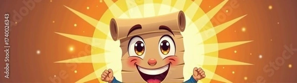Fototapeta Happy cartoon parchment roll mascot with wide grin and shiny eyes