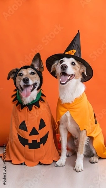 Fototapeta Two dogs dressed up in Halloween costumes in front of an orange background. The dog on the left is