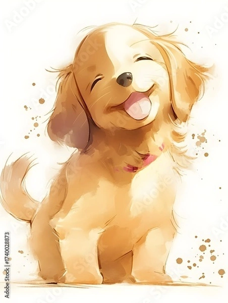 Fototapeta A smiling, seated puppy with a pink collar and its tongue sticking out is the subject of the image. The background is simple with watercolor-style paint splatters.