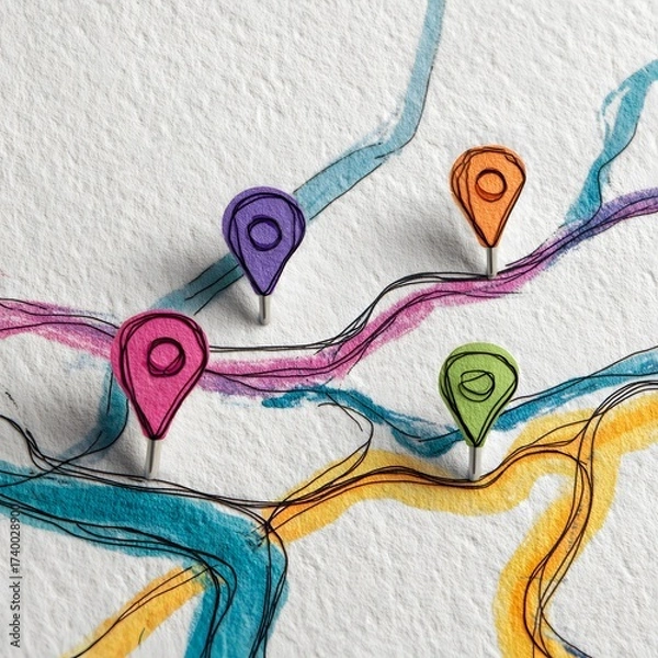 Fototapeta A close-up shows colorful map markers pinned to a textured paper surface with hand-drawn, colorful lines illustrating routes. The markers have circles.