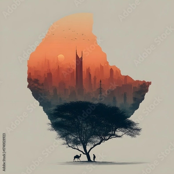 Fototapeta A landscape design depicts a silhouette of Africa, incorporating a cityscape, a tree, a camel, and a person against an orange sky.