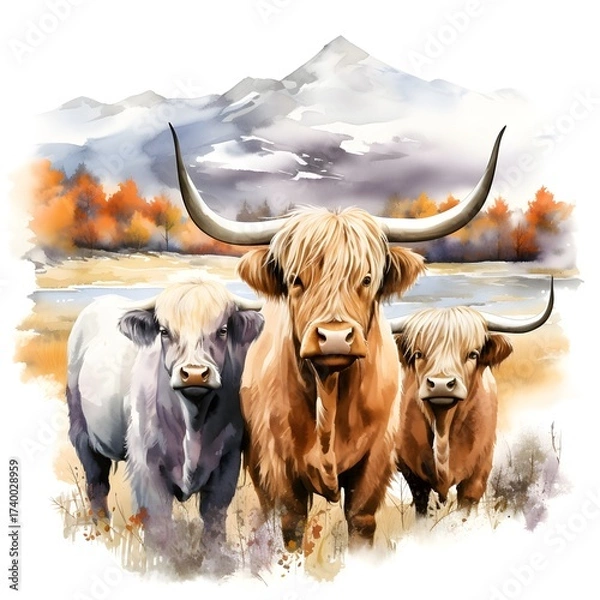 Fototapeta Three Highland cattle stand together, facing forward. A landscape with mountains and autumn trees forms the backdrop. Watercolor painting style.