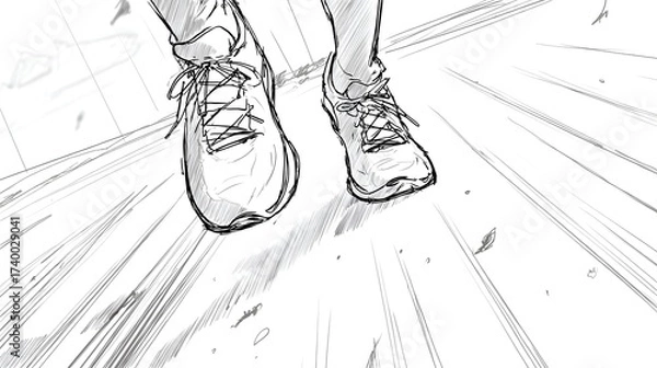 Fototapeta Two feet in sneakers are depicted from a low-angle perspective. The image is comprised of black lines on a white background.