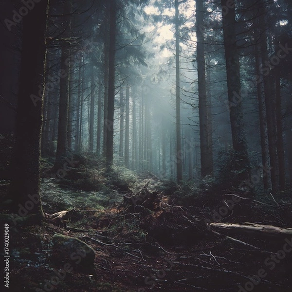 Fototapeta A dark, dense forest scene features tall trees illuminated by a diffused, ethereal light. The forest floor is covered with fallen branches and foliage.