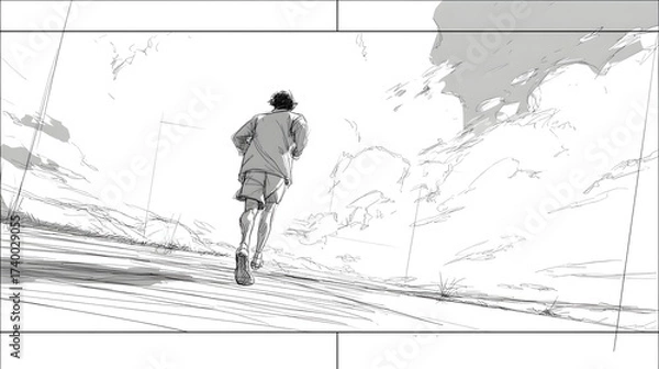 Fototapeta A person is depicted running away from the viewer with a blurred background. The image presents a monochromatic sketch, and the clouds are lightly drawn.