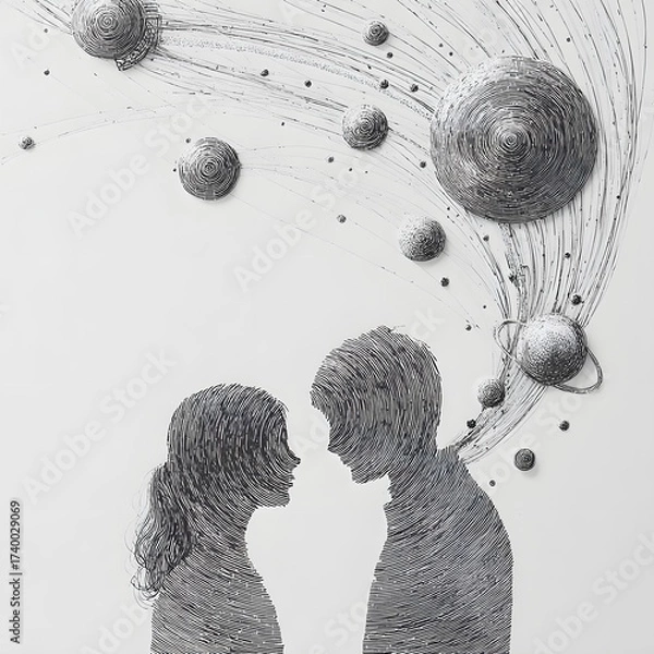 Fototapeta A couple's silhouettes, formed of concentric lines, face each other. Planets and celestial bodies are artfully arranged in a white space.