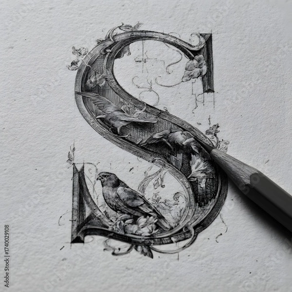 Fototapeta A detailed pencil drawing depicts the letter 'S' adorned with intricate floral elements and multiple bird illustrations, with a visible pencil.
