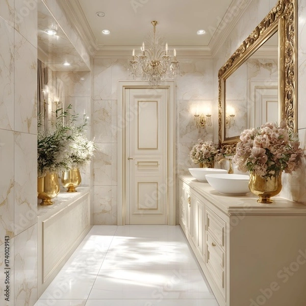 Fototapeta A luxurious bathroom interior is depicted, featuring a vanity with two sinks, a large mirror, and a central doorway, all in elegant tones.