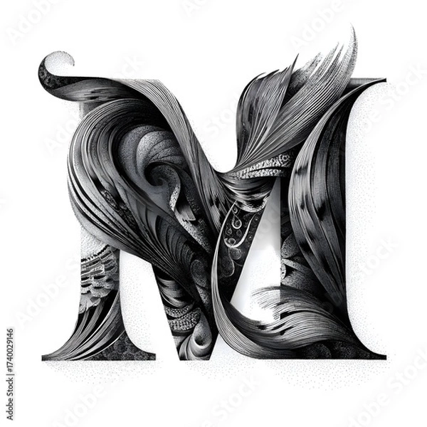 Fototapeta A stylized letter 'M' is presented with flowing, intricate designs. The black and white graphic features a minimalist, elegant aesthetic on a white background.
