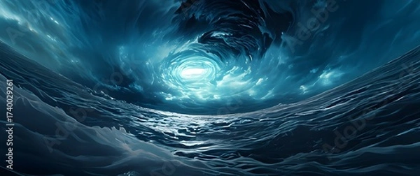 Fototapeta A swirling, abstract landscape depicts a vast ocean under a dark, stormy sky.  A bright vortex of light pierces the dramatic, cloud-filled heavens.