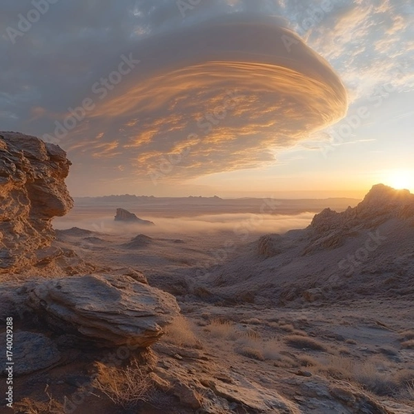 Fototapeta The image depicts a vast, rocky landscape under a dramatic sky, with a lenticular cloud formation illuminated by the setting sun. Mountains and fog populate the horizon.