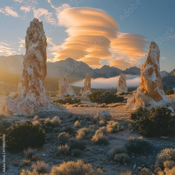 Fototapeta A landscape scene features tall, textured rock formations in a desert environment under a layered cloud formation and bright sky. Mountains are visible in the distance.