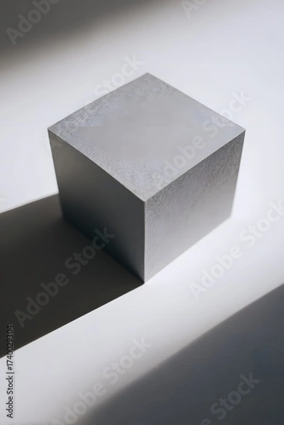 Fototapeta A grey cube sits on a white surface, illuminated by a light source casting a prominent shadow. The composition highlights geometric forms and spatial relationships.