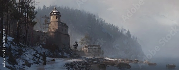 Fototapeta An illustration depicts a stone castle with a tower situated by a snowy lake, shrouded by a misty, forested mountain. Boats are docked near the shore.
