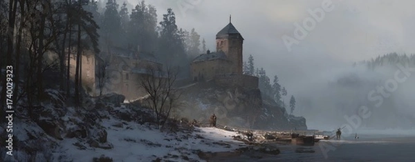 Fototapeta A medieval castle complex sits on a rocky promontory overlooking a misty lake in a wintery environment. Figures stand on the pier.