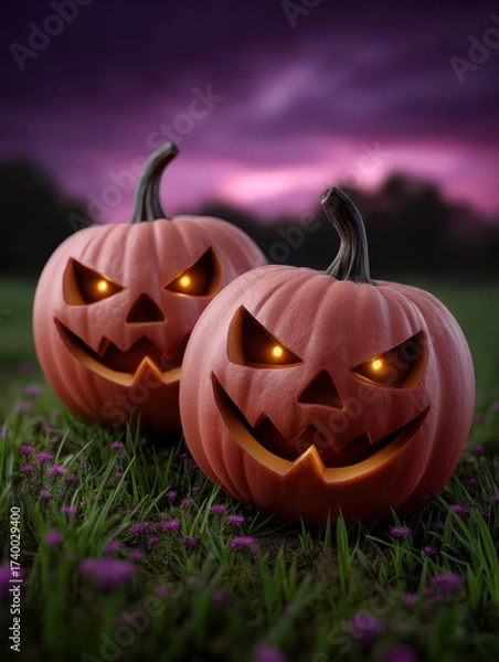 Fototapeta Two glowing jack o lanterns with menacing expressions sit on grassy meadow at twilight, creating spooky Halloween atmosphere