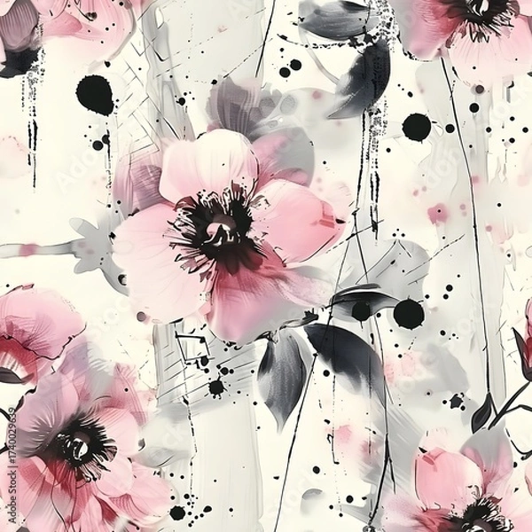 Fototapeta The image displays multiple stylized pink flowers with black centers and dark gray leaves against a creamy white background. Black paint splatters and strokes add texture.