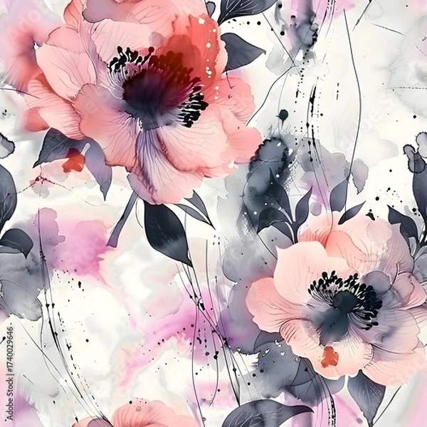 Fototapeta The image features two large, watercolor-style flowers with pink, red, and purple hues. Dark gray leaves and abstract splatters complete the delicate composition.