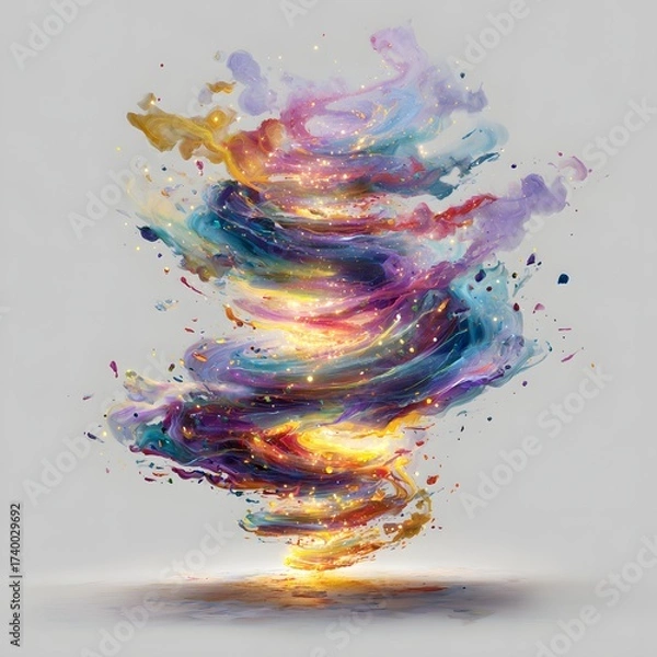Fototapeta A swirling, colorful vortex of paint-like forms, radiating light, swirls up from a glowing, flat surface against a white background.