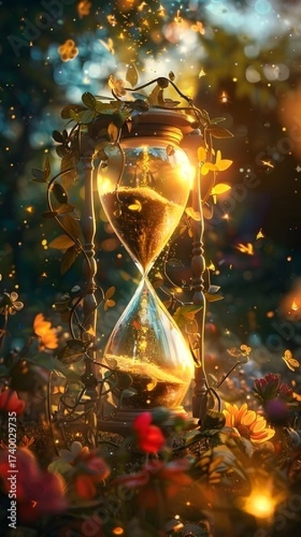 Fototapeta The image presents an hourglass filled with glowing sand, surrounded by foliage, flowers, and sparkling particles in a garden setting. The hourglass is central.