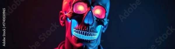 Fototapeta Brightly lit skull head with glowing eyes and glowing teeth
