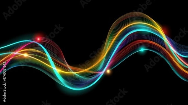 Fototapeta Colorful abstract light waves curve dynamically on a black background, creating a vibrant, energetic visual effect