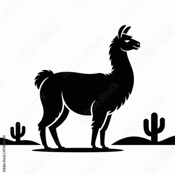 Fototapeta llama, silhouette, vector, animal, graphic, design, illustration, icon, profile, alpaca, black, minimal, shadow, wool, wildlife, simple, standing, outline, nature, mammal, creature, farm, pet, cute, m