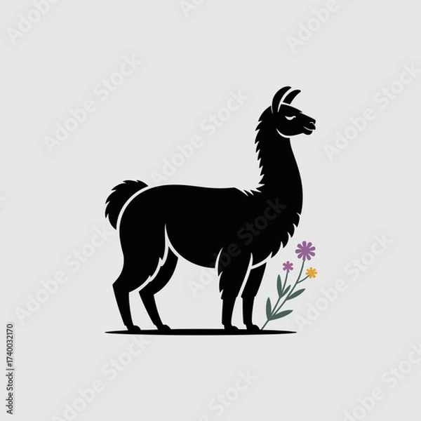 Fototapeta llama, silhouette, vector, animal, graphic, design, illustration, icon, profile, alpaca, black, minimal, shadow, wool, wildlife, simple, standing, outline, nature, mammal, creature, farm, pet, cute, m