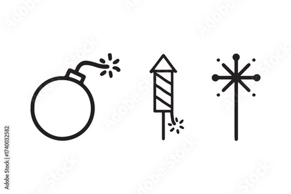 Obraz Firecracker icons set vector in outline style featuring bomb, rocket, and sparkler on white background.