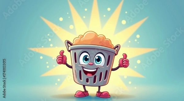 Fototapeta Cartoon trash can with thumbs up and a sunburst behind it