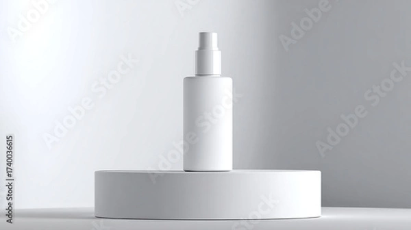 Fototapeta Minimal product hero: matte white bottle with blank label centered on smooth white pedestal, strong softbox top lighting