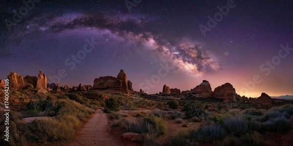 Fototapeta Desert Landscape Illuminated by the Milky Way Galaxy at Night