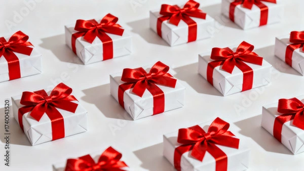 Fototapeta Brightly wrapped gift boxes are arranged in a grid on a white background, each with a shiny red ribbon on top. They are prepared for a party or special occasion.