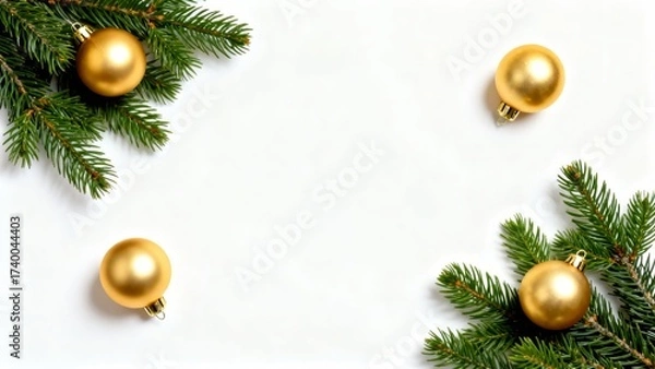 Fototapeta Golden Christmas decorations and evergreen branches on a white background create a festive atmosphere for winter celebrations. Copy space