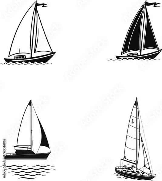 Fototapeta A vector set of sailing ships and boats cruising on the sea for sport and travel