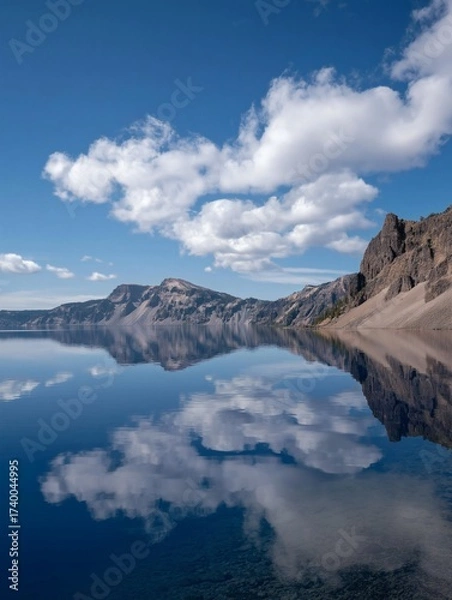 Fototapeta Mountain range reflected in clear lake under a cloudy blue sky.